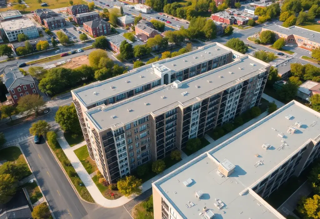 Aerial view of the Reserve Square apartment complex in Cleveland
