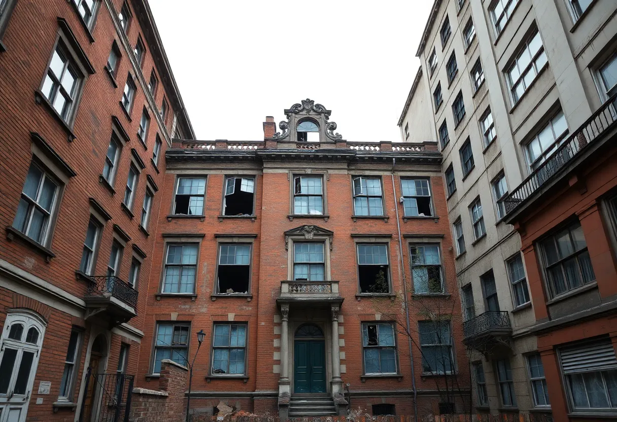 Historic Rockefeller Building in Cleveland showing signs of neglect.