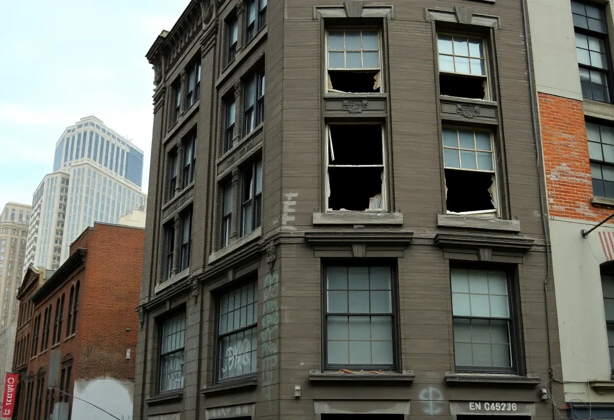 Historic Rockefeller Building featuring broken windows and graffiti