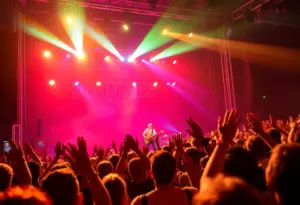 Fans enjoying a Rush concert in Cleveland with vibrant stage lights