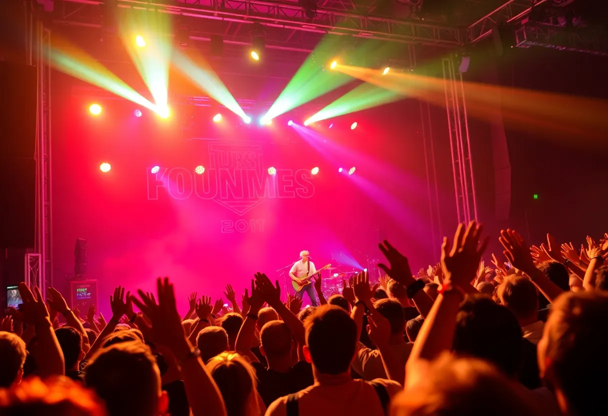 Fans enjoying a Rush concert in Cleveland with vibrant stage lights