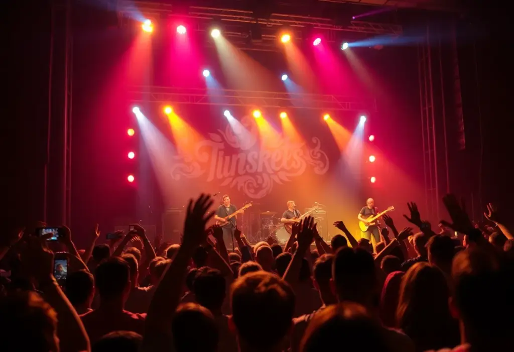Live concert of a rock band with lights and cheering fans.