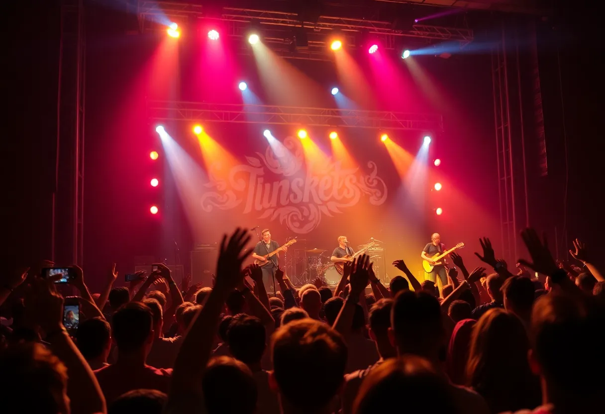 Live concert of a rock band with lights and cheering fans.