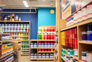 Colorful Sherwin-Williams paint store filled with paint cans