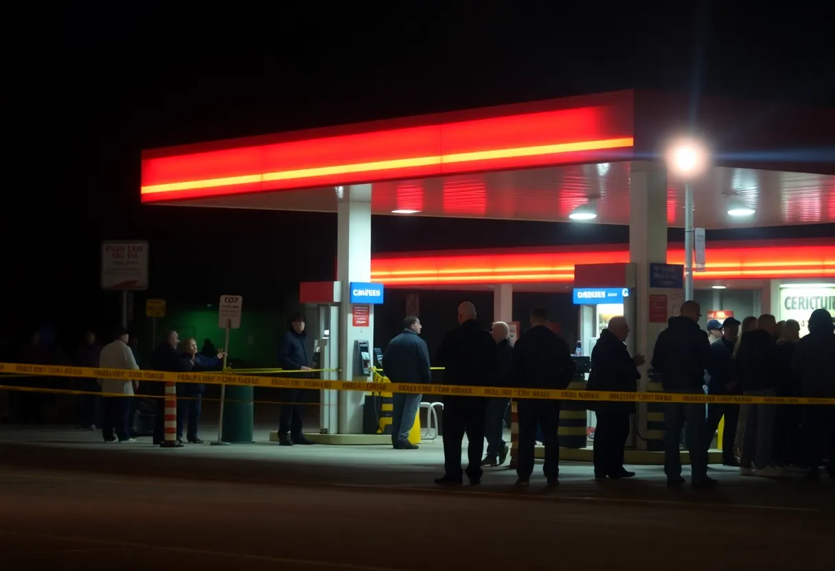 Police vehicles at a gas station after a serious shooting incident