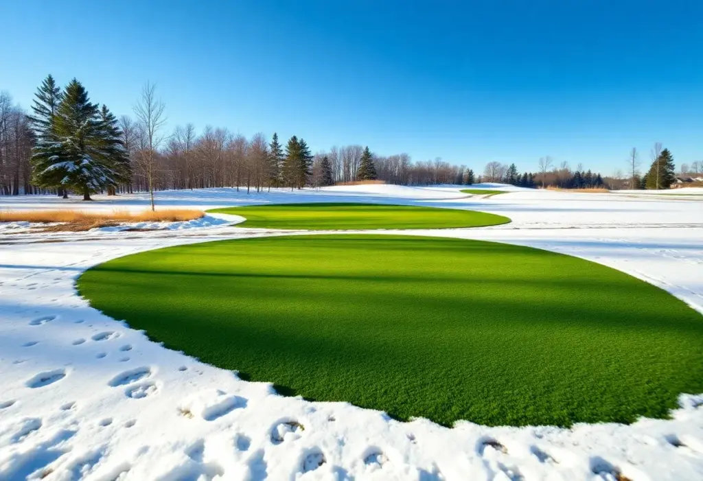 Innovative Spurk Golf mats laid out on a snowy golf course.