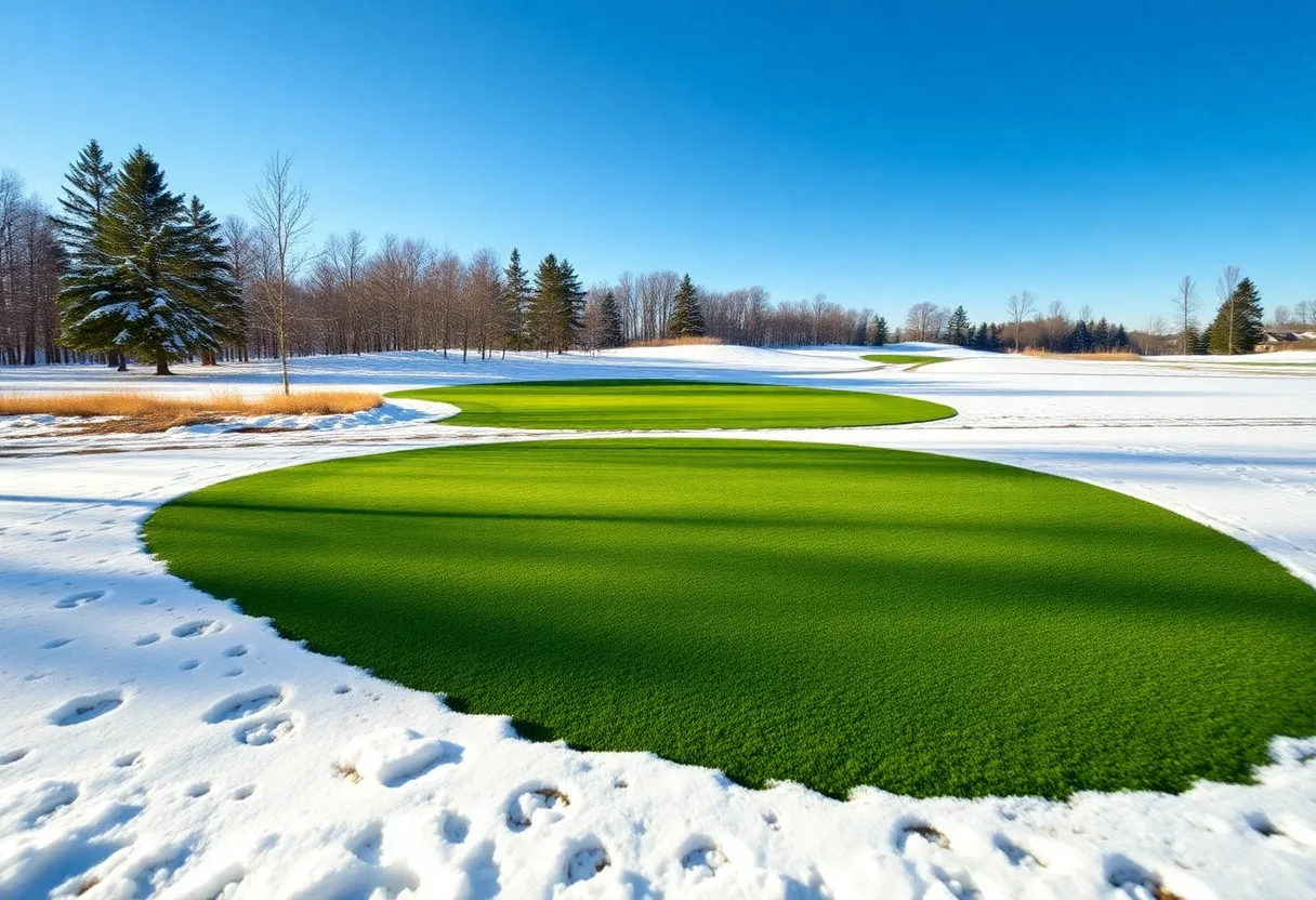 Innovative Spurk Golf mats laid out on a snowy golf course.