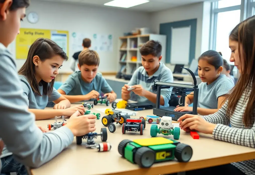 Students working together on robotics projects in a classroom