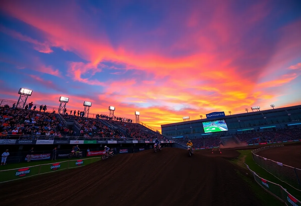 Supercross racing event with riders jumping over dirt ramps at Huntington Bank Field