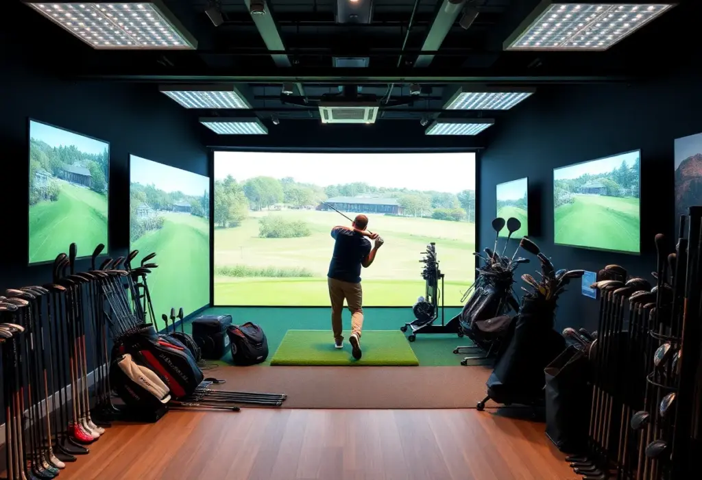 Interior view of a custom golf fitting studio with launch monitors and golf clubs.
