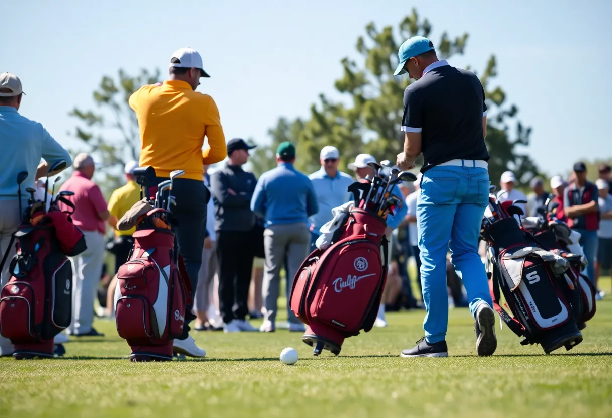 Colorful golf equipment and accessories displayed on a golf course