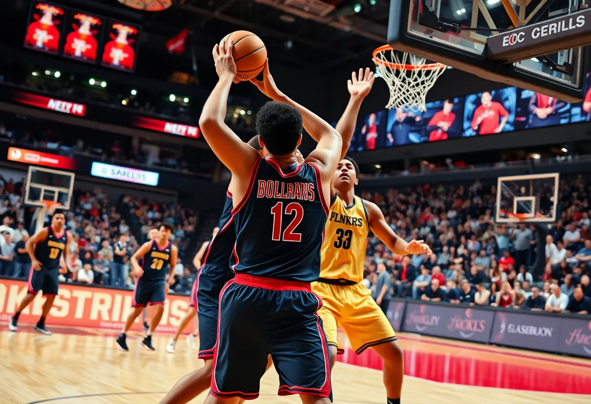 Players from the Warriors and Lakers competing in an NBA game