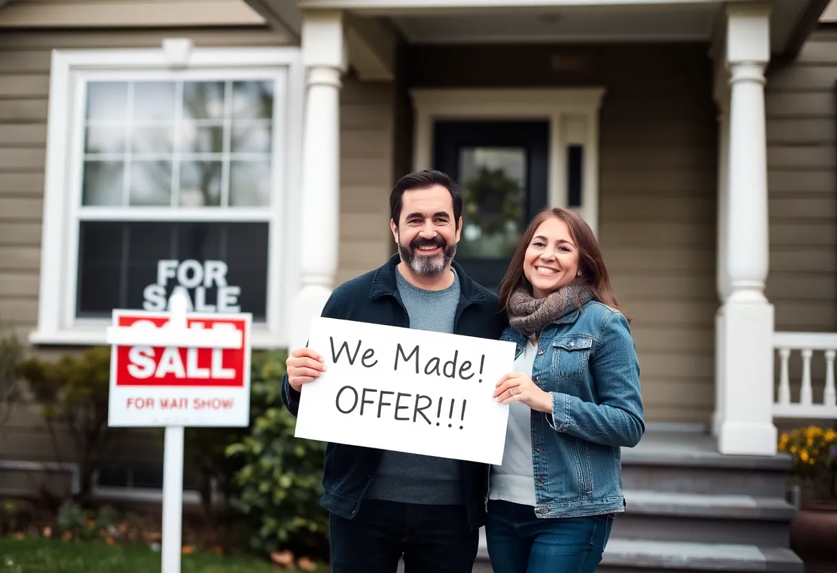 Couple in front of home with a 'We Made an Offer!' sign in Cleveland.