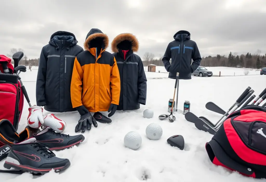 Winter golf gear on a snowy golf course