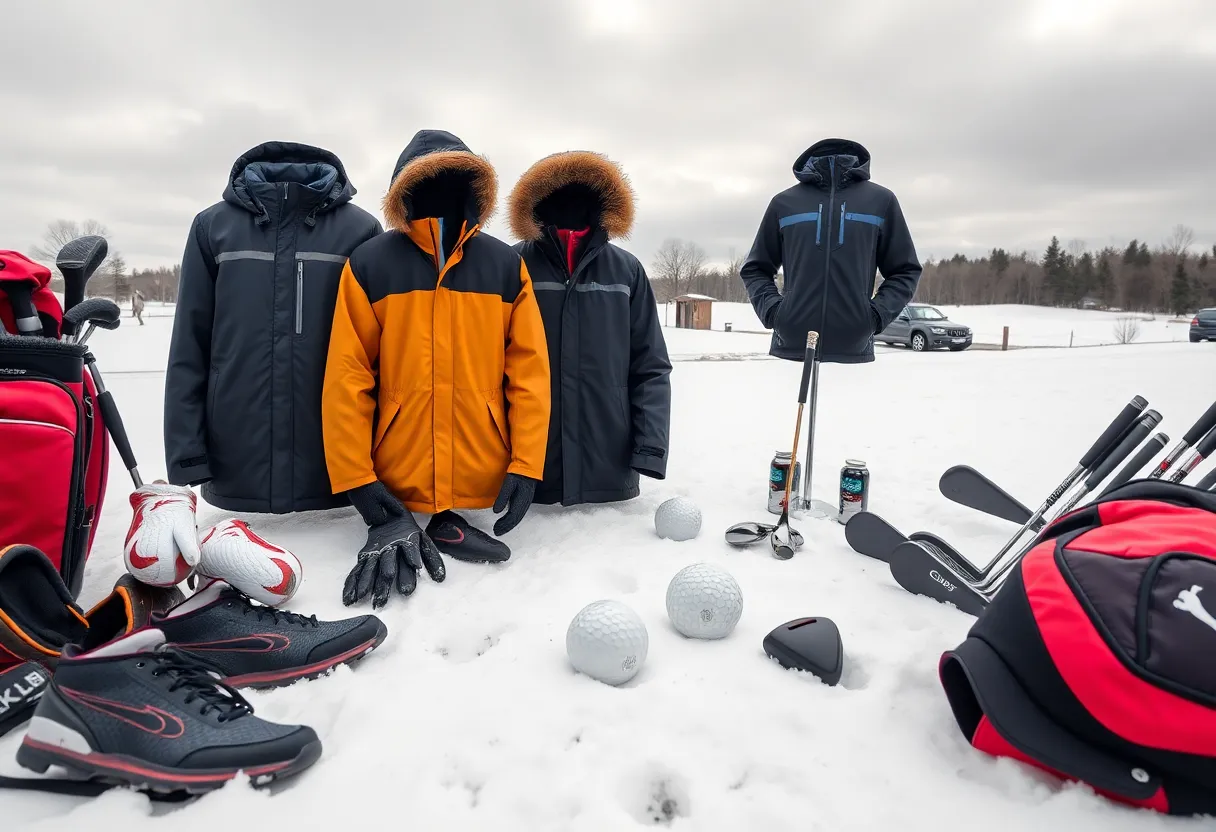 Winter golf gear on a snowy golf course