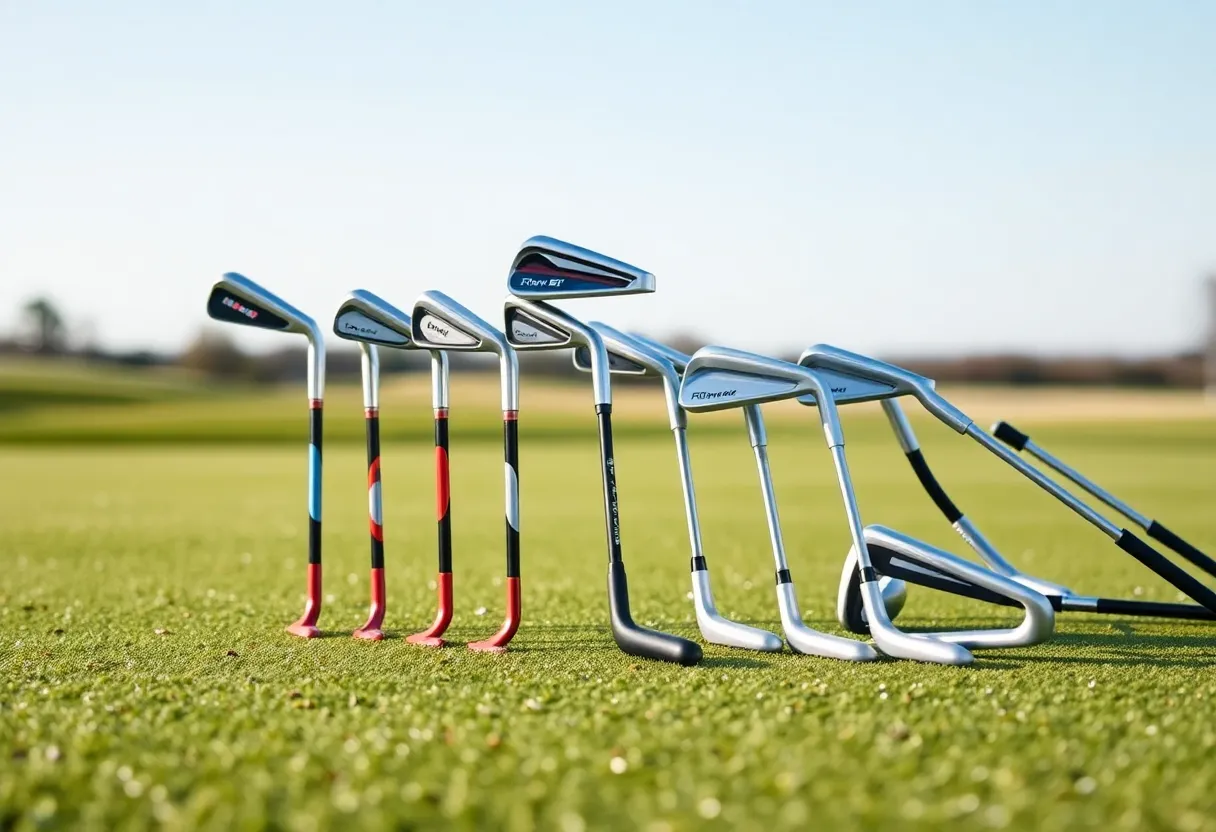 Different golf irons for women displayed in a shop.