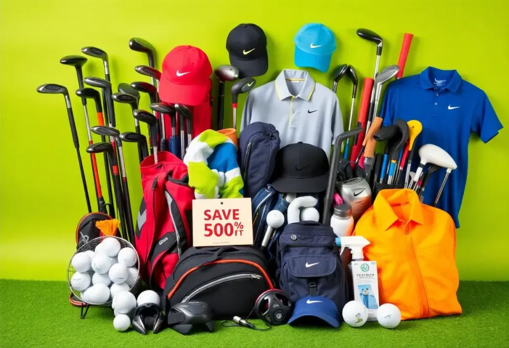 Display of various golf gear on sale for Black Friday with discounts visible