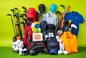 Display of various golf gear on sale for Black Friday with discounts visible