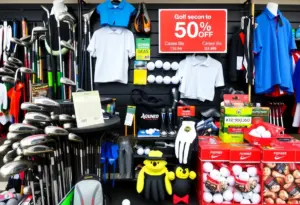 Display of various golf equipment and accessories on sale for Black Friday.