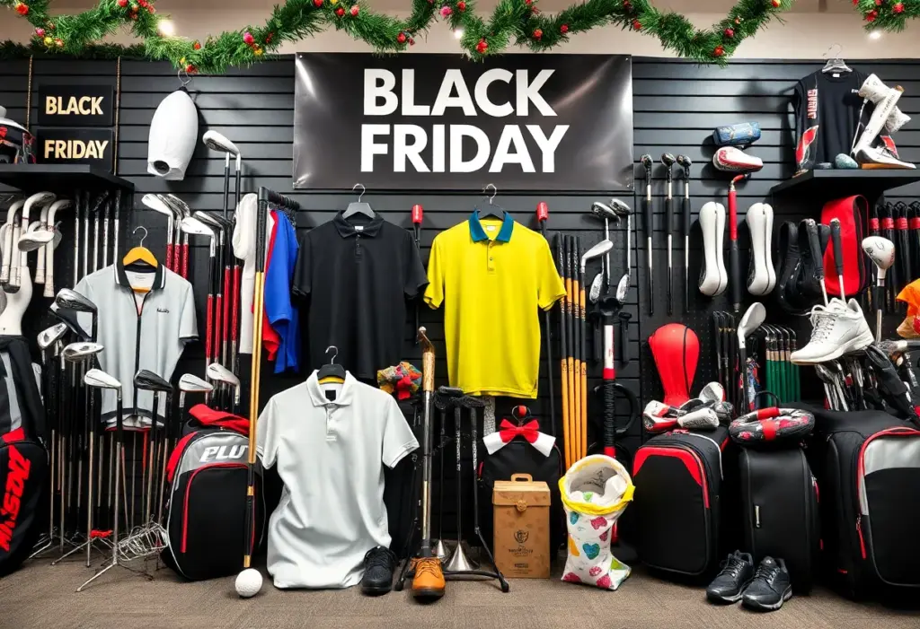 A golf store displaying various golf equipment and apparel for Black Friday sales
