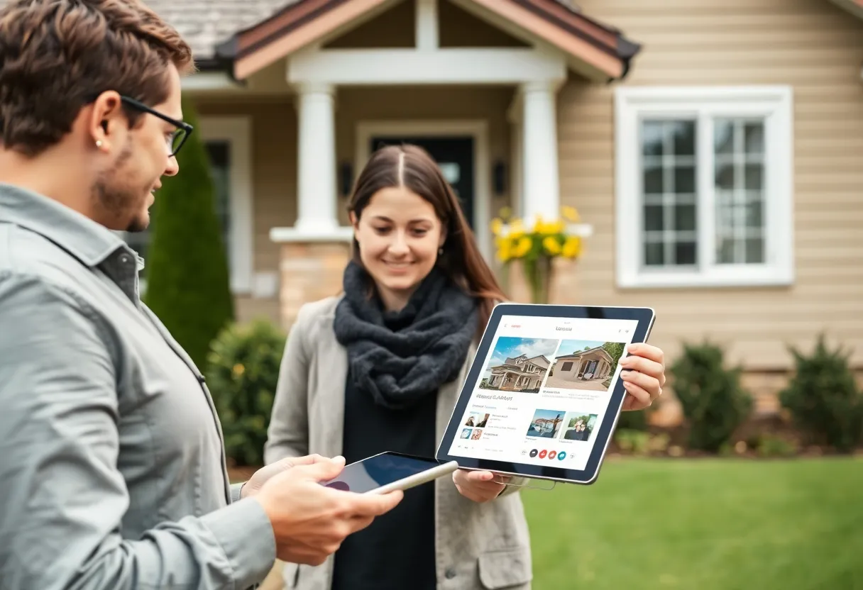 A real estate agent assisting a first-time homebuyer with property listings on a tablet.