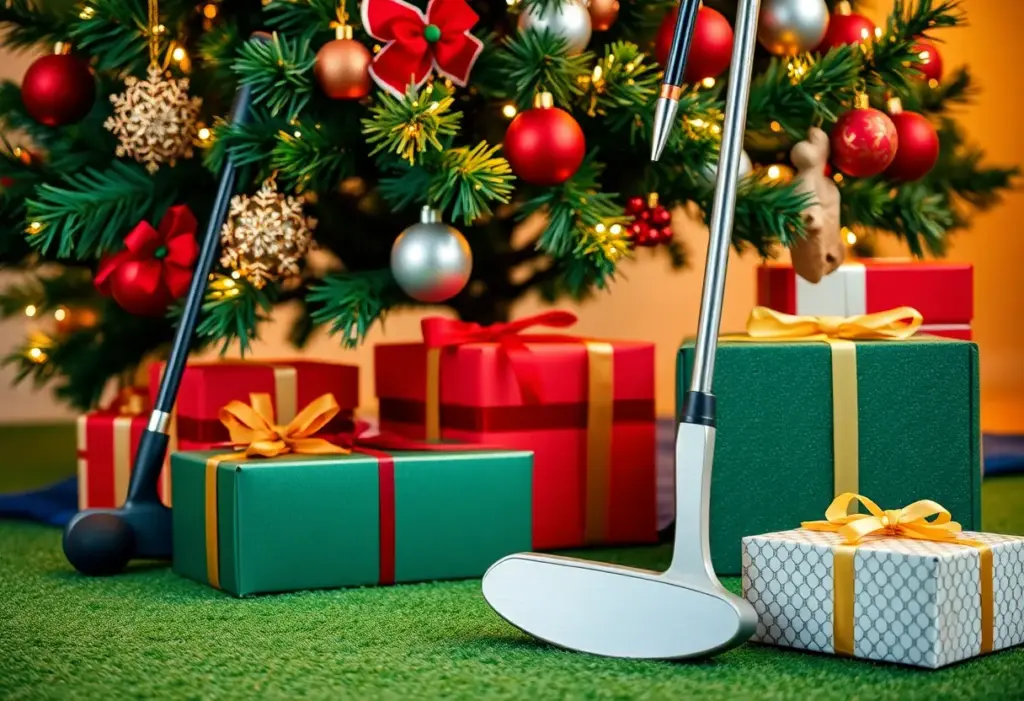 A holiday-themed golf scene with golfers and equipment