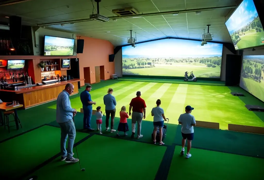 Families enjoying indoor golf at Philly's Golf Club with simulators