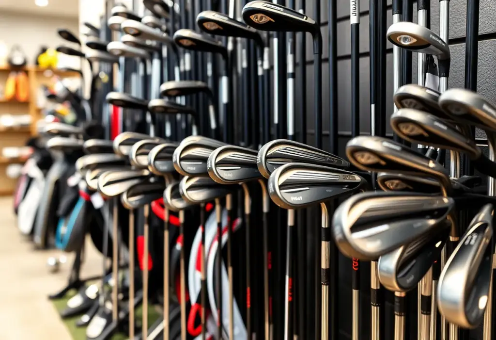 Collection of modern golf clubs and equipment on a golf course