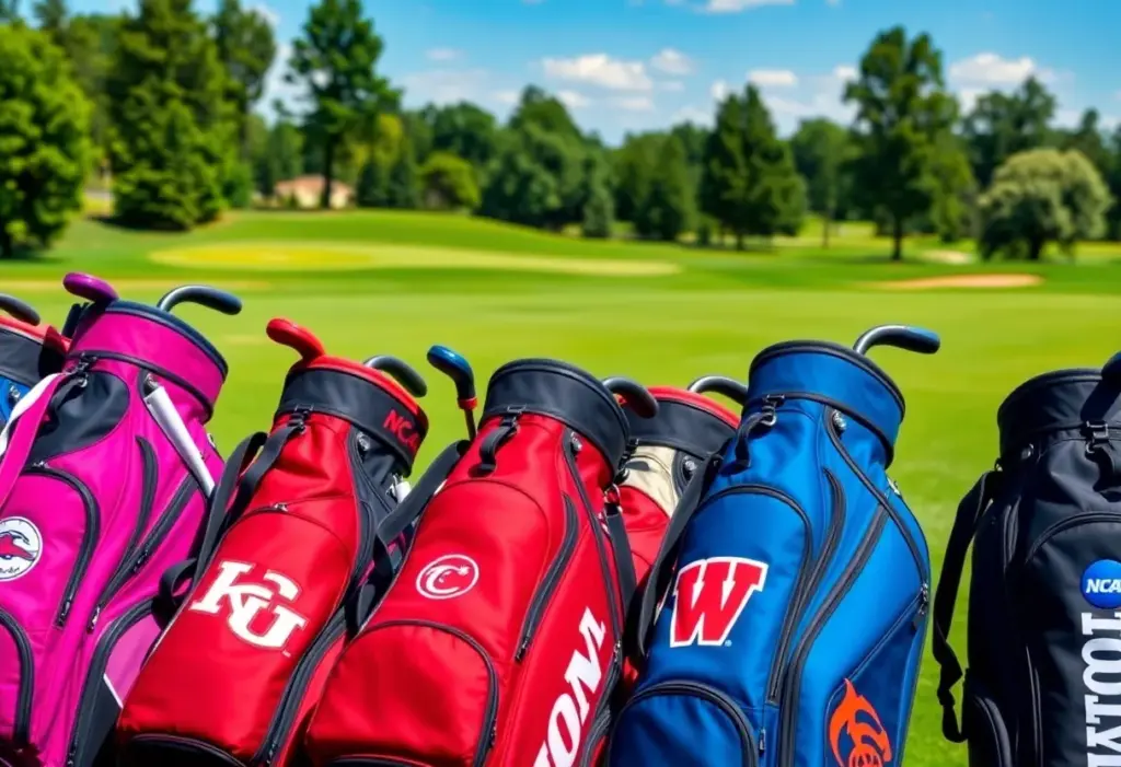Display of NCAA golf bags representing various college teams on a golf course.