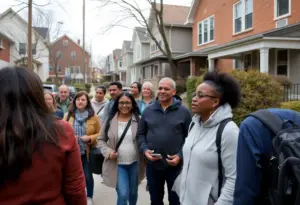Group participating in a neighborhood walking tour in Cleveland, OH.