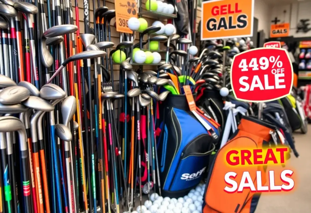 Display of golf equipment with special savings signs at PGA TOUR Superstore
