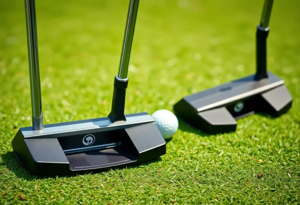 SeeMore SKx and SBx golf putters on a golf course