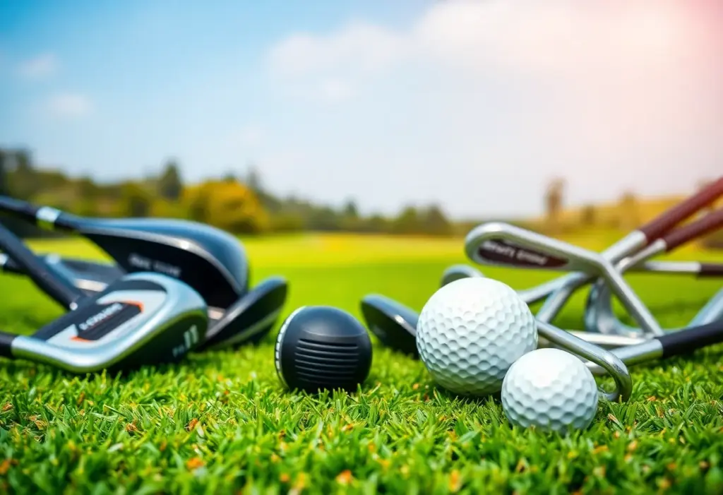 Golf equipment displayed on a sunny golf course with Titleist clubs and balls