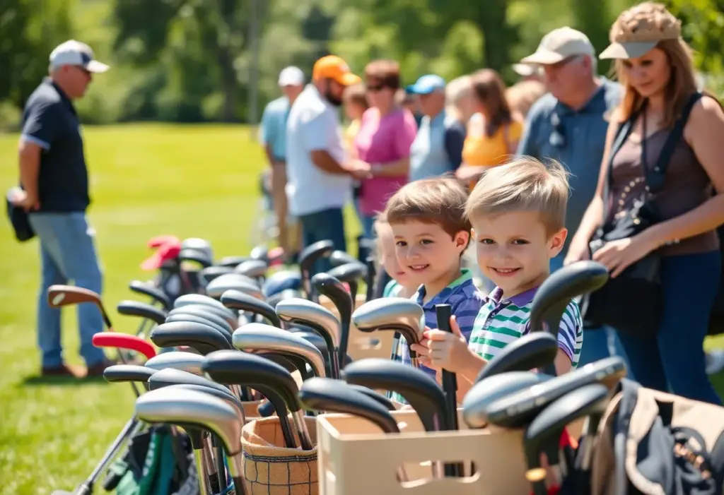 Young golfers participating in a community equipment donation event.