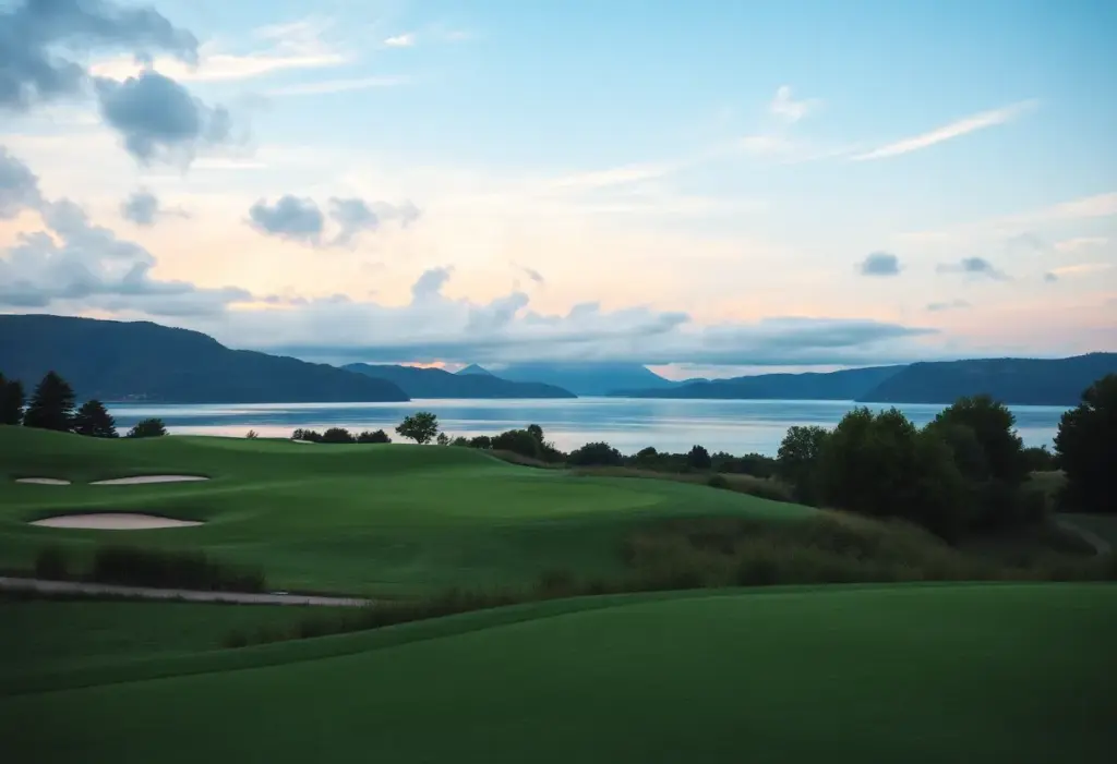 Panoramic view of Albany Golf Club, showcasing its stunning golf course at sunset.