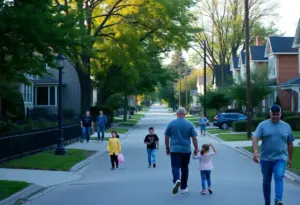 A safe and vibrant neighborhood in Cleveland, OH with families enjoying the outdoors.