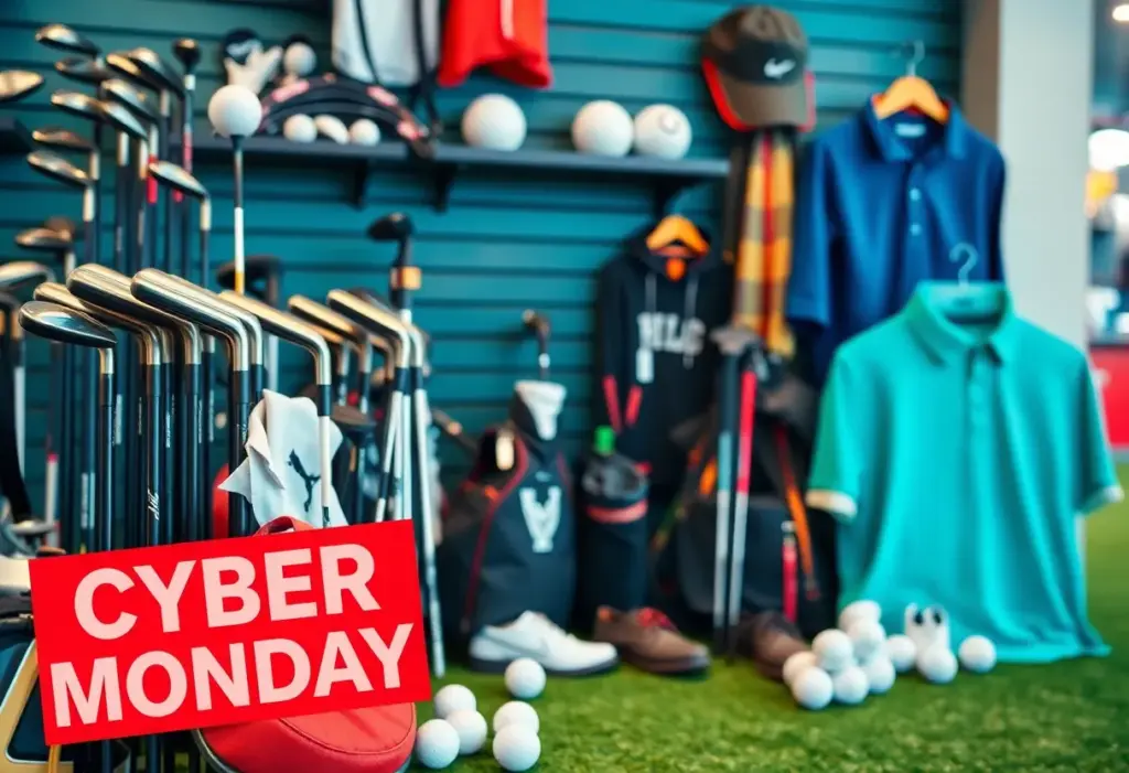 A collection of golf equipment and apparel showcasing discounts for Cyber Monday