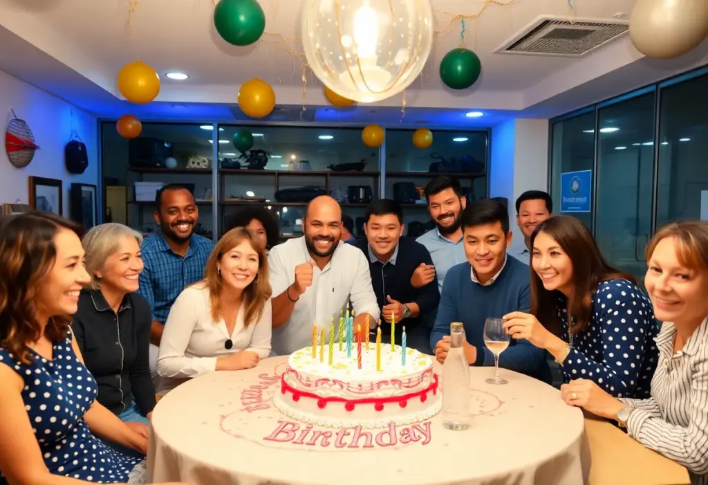 A lively golf celebration event with decorations and displays of golf equipment.