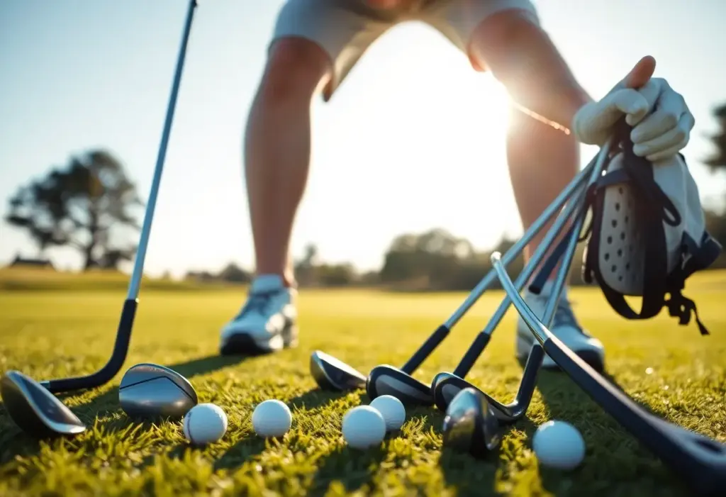 Flat lay of golf clubs, balls, and tees on a golf course.
