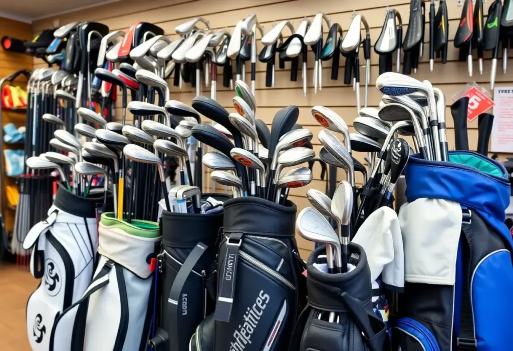 A golf store displaying various golf clubs and equipment with security measures in place