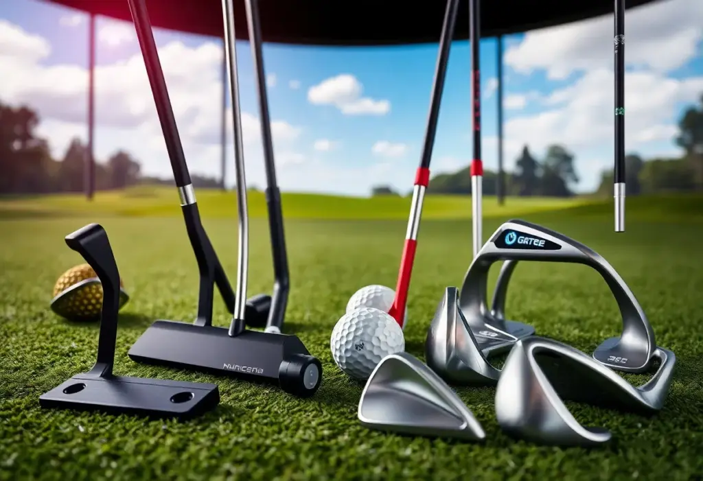 A variety of new golf equipment displayed on a green field.