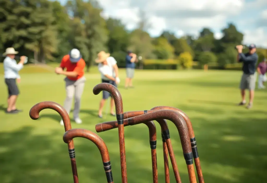 Players using hickory golf clubs on a scenic golf course