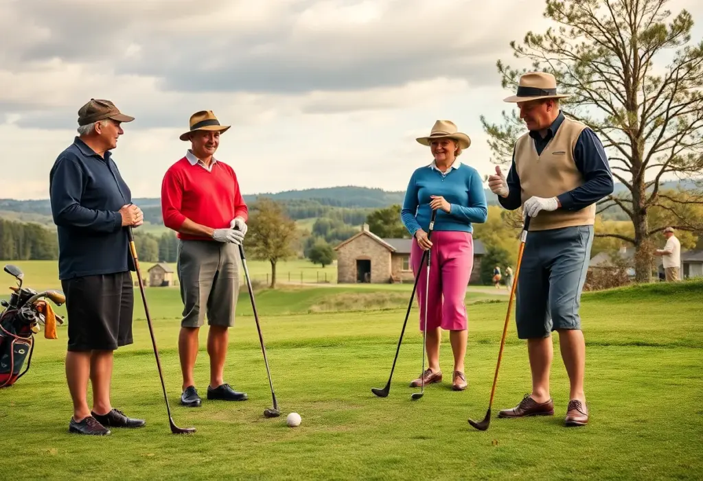 A golfer using a hickory club on a classic golf course.