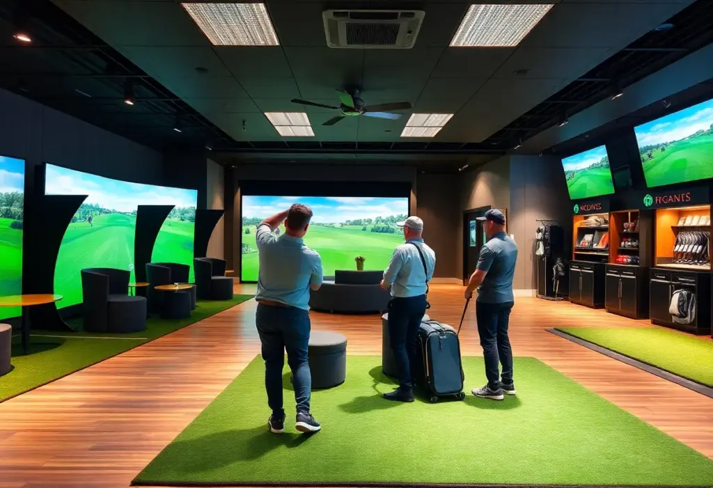 Interior view of NextVision Golf Club showcasing simulators and lounge area