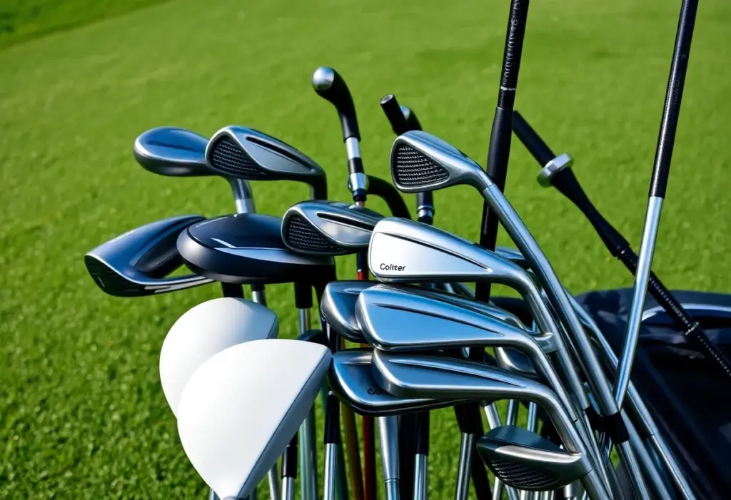A collection of innovative golf clubs displayed on a golf course.