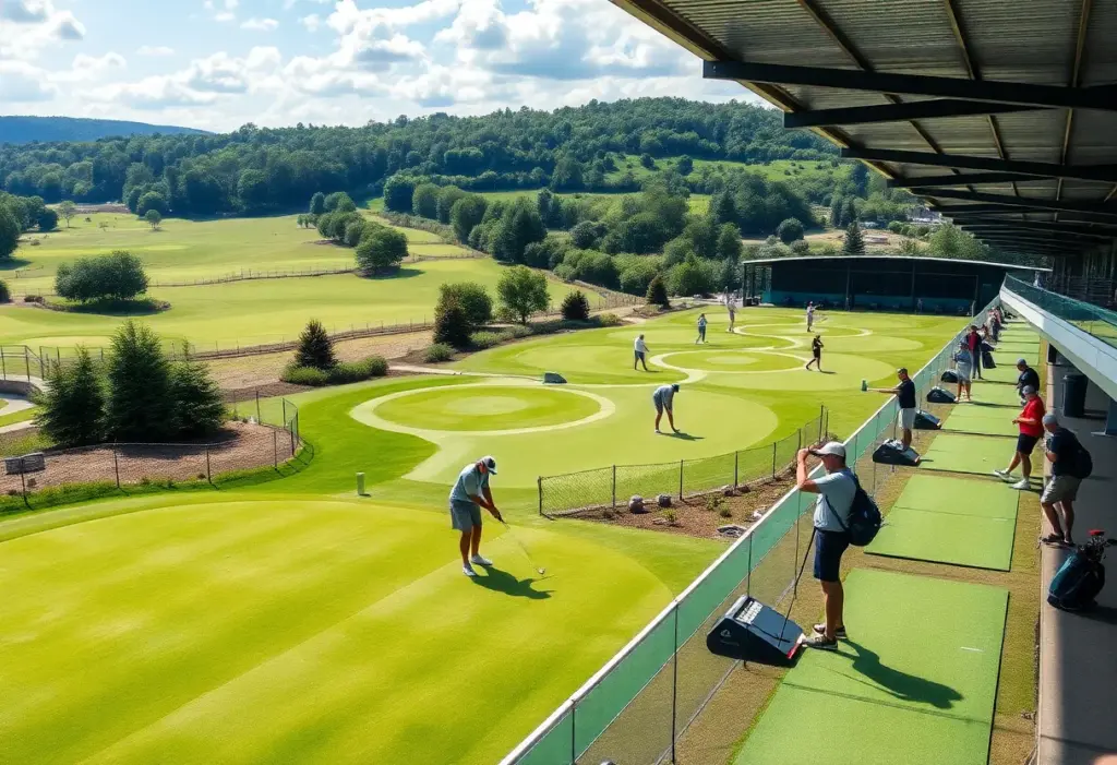 Modern golf academy with golfers practicing on a driving range