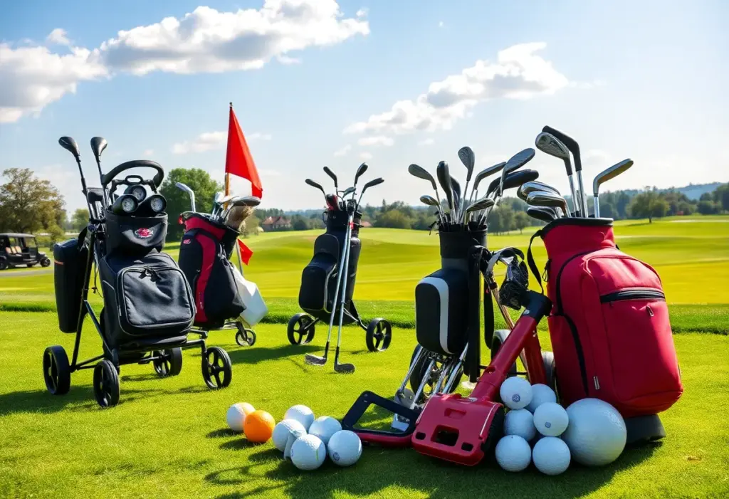 A collection of golf equipment including trolleys and clubs in an outdoor setting.