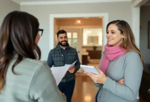 A first-time homebuyer engaging with an agent during an open house in Cleveland.