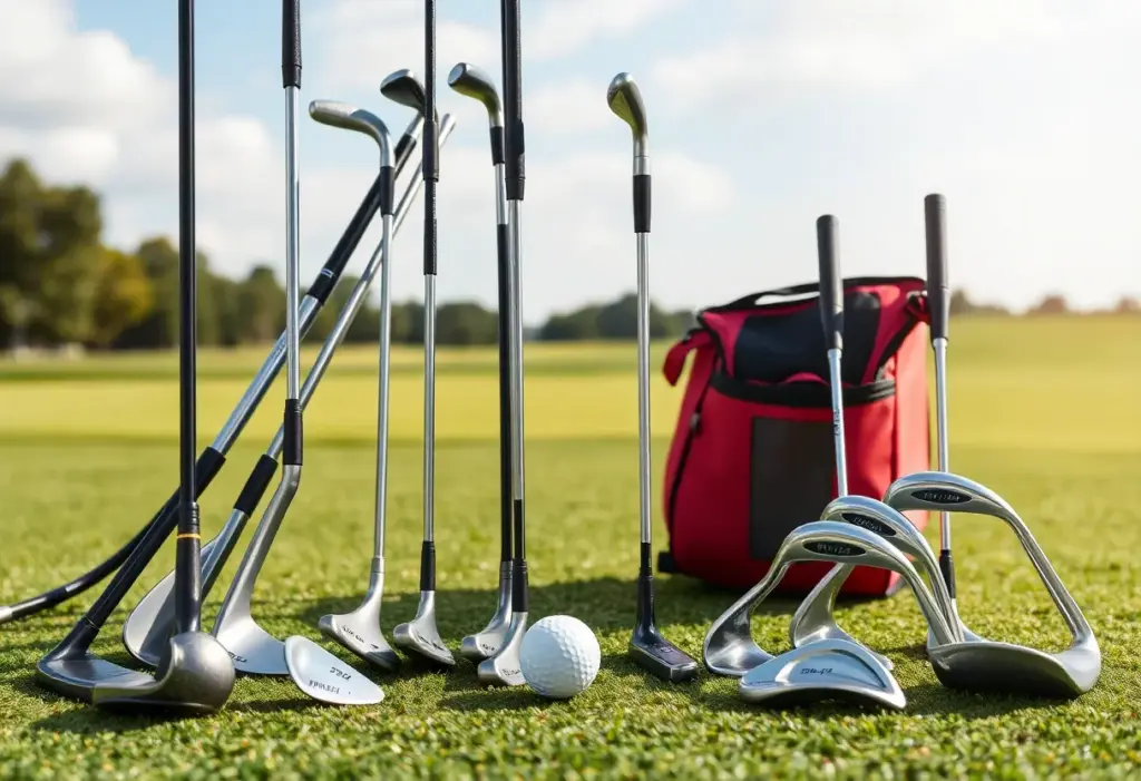 Golfer adjusting golf clubs in a sunny driving range