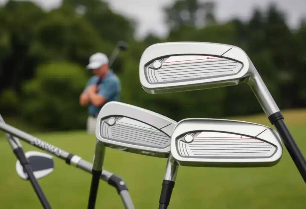Close-up view of modern golf iron clubs showing their loft angles.